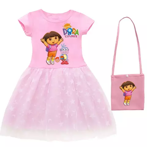 Vestido dos desenhos animados dora bebê para meninas, vestido de princesa com Bolsa.