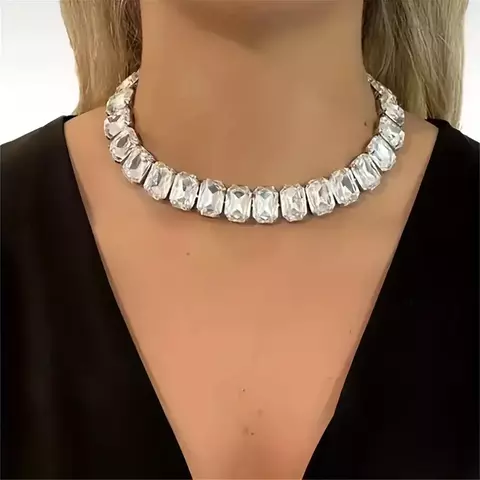Colar Luxo com Strass Brilhante Quadrado – Jóia Elegante para Noiva, Festa e Casamento - comprar online
