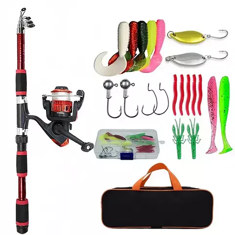 Kit Vara de Pesca Completo – Vara Telescópica com Molinete, Iscas e Ganchos, Conjunto Portátil para Viagem