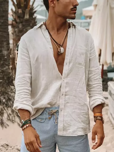 Camisa Masculina Fina de Manga Longa – Cardigã com Lapela, Moda Casual Monocromática, Ideal para o Dia a Dia e Atividades ao Ar Livre - comprar online