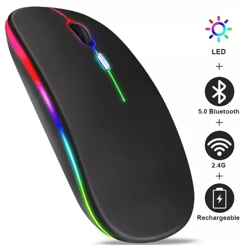 Mouse Sem Fio Recarregável com LED Silencioso e Modo Duplo 2.4GHz/Bluetooth