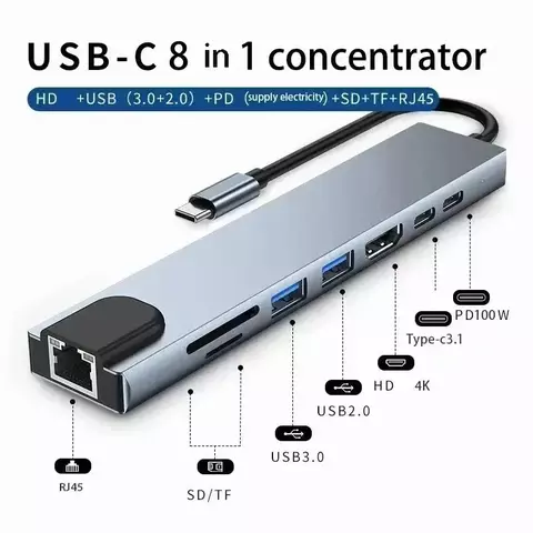 Hub USB-C 8 em 1 para 4k adaptador hdmi com leitor de cartão RJ45 SD