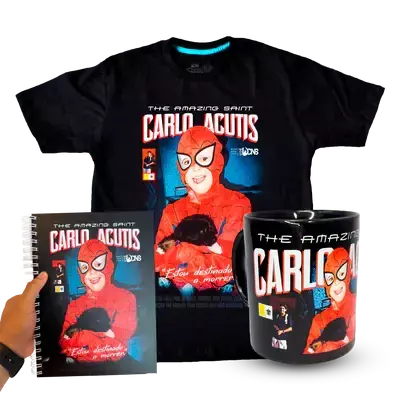 Kit Camiseta São Carlo Acutis Preto - Super Heroi + Caneca + Caderno - comprar online