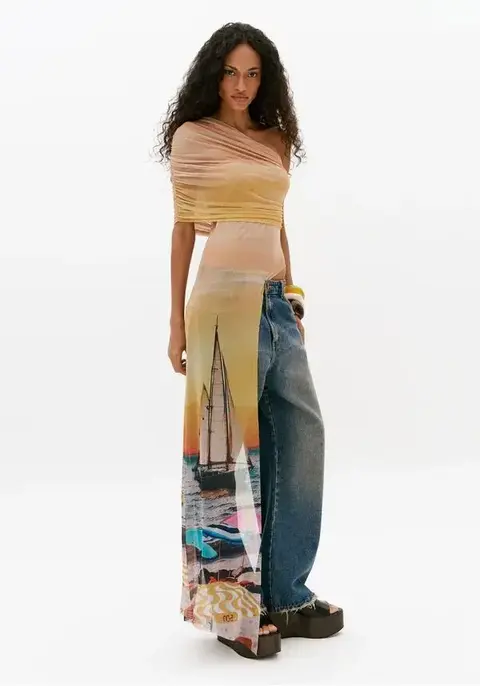 Blusa Assimetrica De Tule Com Estampa - Sueli