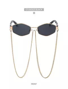 Sexy pequeno quadro hexágono óculos de sol feminino com corrente 2025 marca luxo designer punk óculos de sol para senhoras tons gafas de sol