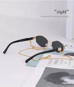 Sexy pequeno quadro hexágono óculos de sol feminino com corrente 2025 marca luxo designer punk óculos de sol para senhoras tons gafas de sol
