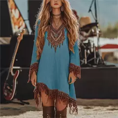 Moda boêmia com decote em v vestidos de manga longa nova primavera borla retalhos vestido feminino padrão vintage impresso solto vestido curto - loja online