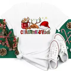 Engraçado amor feliz natal roupas femininas santa impressão camisetas femininas preto vermelho branco casual feminino topos festa de natal feminino topos - comprar online