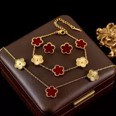 Ganemly 316l aço inoxidável branco flor de ameixa planta folha flor conjunto reversível colar brincos pulseira feminino trevo jóias