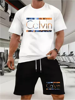 Imagem do Conjunto de camiseta e shorts masculinos verão casual solto e elegante calvin carta impressão confortável em torno do pescoço de manga curta camiseta