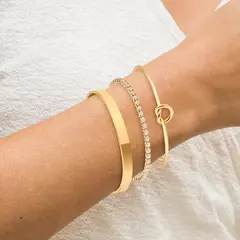 3 pçs de aço inoxidável banhado a ouro pulseiras para mulheres jóias ajustáveis presentes luxo zircão corrente pulseiras jóias acessórios - comprar online