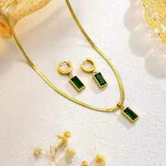 Aço inoxidável quadrado verde cristal zircão colar brincos conjunto de jóias para mulheres cor ouro corrente acessórios presente casamento - loja online