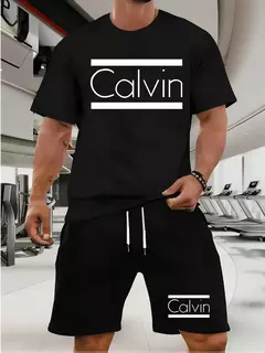 Conjunto de camiseta e shorts masculinos verão casual solto e elegante calvin carta impressão confortável em torno do pescoço de manga curta camiseta - comprar online