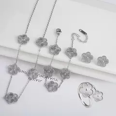 4 pçs pulseira colar brincos anel de aço inoxidável cinco folhas flor conjunto jóias clássico para mulher nova moda jóias trevo - loja online
