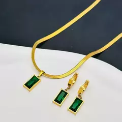 Aço inoxidável quadrado verde cristal zircão colar brincos conjunto de jóias para mulheres cor ouro corrente acessórios presente casamento