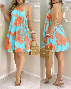 Imagem do Vestido de gola halter com estampa tropical, vestido sem costas estilo férias para primavera e verão, roupas femininas