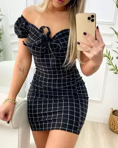 Vestido de verão sexy pacote nádegas saia curta de vestido de impressão de grade transfronteiriça na internet