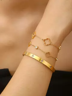 Imagem do 1 peça elegante de luxo inspirado em aço inoxidável cravejado de diamantes floral e a céu aberto pulseira de trevo de quatro folhas para mulheres