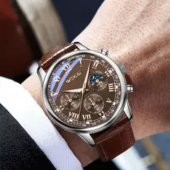 Relógio casual marrom negócios masculino, pulseira de couro, quartzo, relógios de pulso, negócio, moda - GT SHOP