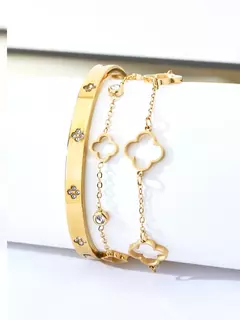 1 peça elegante de luxo inspirado em aço inoxidável cravejado de diamantes floral e a céu aberto pulseira de trevo de quatro folhas para mulheres - loja online