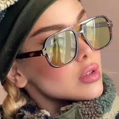 Óculos de sol piloto vintage feminino oversized quadrado quadro ponte dupla designer tons preto luxo moda óculos de sol - loja online