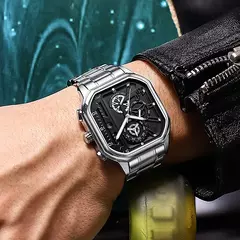 Moda casual negócios masculino relógio de quartzo high-end data automática grande mostrador quadrado relógios de banda de aço inoxidável para presentes do homem