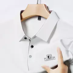 Imagem do Novo negócio masculino casual camisa de manga curta com emblema cor sólida camisa polo moda respirável confortável versátil topo