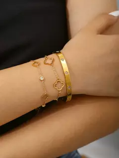 Imagem do 1 peça elegante de luxo inspirado em aço inoxidável cravejado de diamantes floral e a céu aberto pulseira de trevo de quatro folhas para mulheres