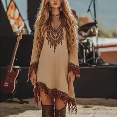 Moda boêmia com decote em v vestidos de manga longa nova primavera borla retalhos vestido feminino padrão vintage impresso solto vestido curto