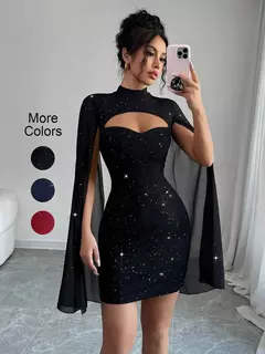 Sexy feminino gola capa mini vestido lantejoulas espumante clube festa noite fora cabido bodycon elegante outono inverno