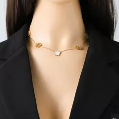 Imagem do Ganemly 316l aço inoxidável branco flor de ameixa planta folha flor conjunto reversível colar brincos pulseira feminino trevo jóias