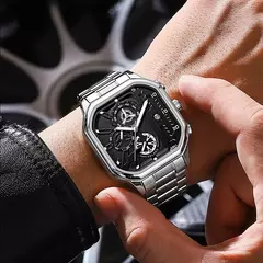 Moda casual negócios masculino relógio de quartzo high-end data automática grande mostrador quadrado relógios de banda de aço inoxidável para presentes do homem na internet