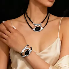 Conjunto de joias vintage elegante, 2 peças, para mulheres, colar oval preto, gargantilha dourada, pulseira de casamento, presente de festa - GT SHOP