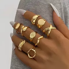 9 Pçs/set Cor Dourada Suave Geométrico Anéis Abertos Conjunto para Mulheres Homens Exagerados Metal Irregular Anéis Ajustáveis Jóias Presentes