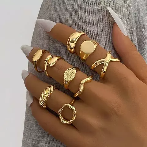 9 Pçs/set Cor Dourada Suave Geométrico Anéis Abertos Conjunto para Mulheres Homens Exagerados Metal Irregular Anéis Ajustáveis Jóias Presentes