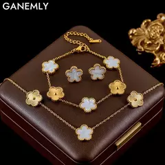 Ganemly 316l aço inoxidável branco flor de ameixa planta folha flor conjunto reversível colar brincos pulseira feminino trevo jóias