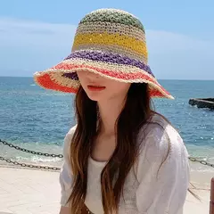 Chapéu de palha do arco-íris para as mulheres verão viseira de sol artesanal crochê grande borda balde chapéus senhoras praia chapéu de sol boho bonés da moda da menina na internet