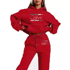 Conjunto de duas peças com estampa de moda outono e inverno: suéter elegante de lounge com mangas compridas e forro de lã, além de jogging com cordão - comprar online