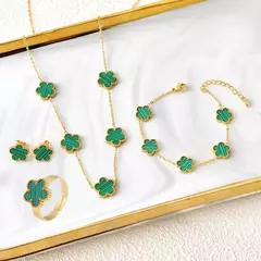 4 pçs pulseira colar brincos anel de aço inoxidável cinco folhas flor conjunto jóias clássico para mulher nova moda jóias trevo - comprar online
