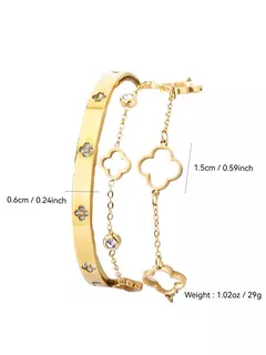 1 peça elegante de luxo inspirado em aço inoxidável cravejado de diamantes floral e a céu aberto pulseira de trevo de quatro folhas para mulheres - comprar online