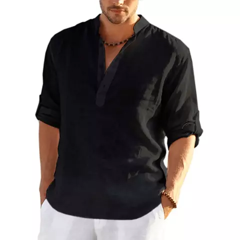 Camisas casuais, camisas masculinas de algodão soltas, camisetas elegantes de manga comprida com gola alta e cor sólida, tops finos e bonitos