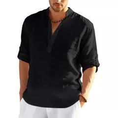Camisas casuais, camisas masculinas de algodão soltas, camisetas elegantes de manga comprida com gola alta e cor sólida, tops finos e bonitos