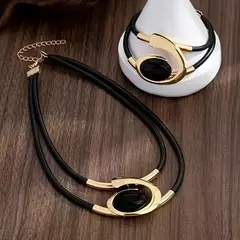 Conjunto de joias vintage elegante, 2 peças, para mulheres, colar oval preto, gargantilha dourada, pulseira de casamento, presente de festa na internet