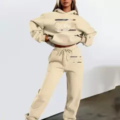 Conjunto de duas peças com estampa de moda outono e inverno: suéter elegante de lounge com mangas compridas e forro de lã, além de jogging com cordão - loja online