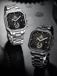 Moda casual negócios masculino relógio de quartzo high-end data automática grande mostrador quadrado relógios de banda de aço inoxidável para presentes do homem - loja online