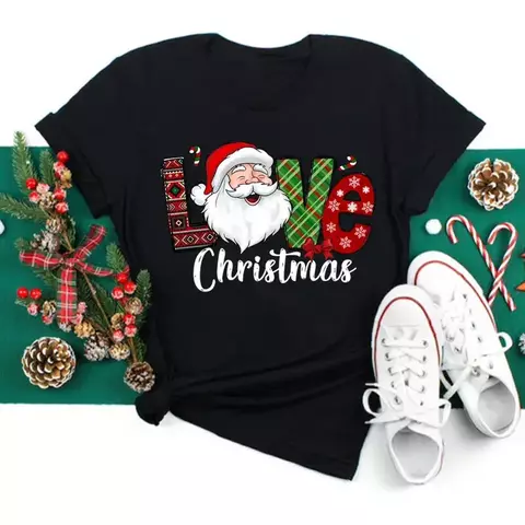 Engraçado amor feliz natal roupas femininas santa impressão camisetas femininas preto vermelho branco casual feminino topos festa de natal feminino topos