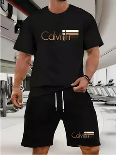 Conjunto de camiseta e shorts masculinos verão casual solto e elegante calvin carta impressão confortável em torno do pescoço de manga curta camiseta - comprar online