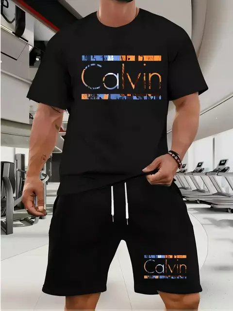 Conjunto de camiseta e shorts masculinos verão casual solto e elegante calvin carta impressão confortável em torno do pescoço de manga curta camiseta