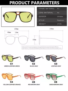 Óculos de sol piloto vintage feminino oversized quadrado quadro ponte dupla designer tons preto luxo moda óculos de sol - GT SHOP