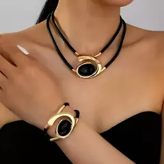 Conjunto de joias vintage elegante, 2 peças, para mulheres, colar oval preto, gargantilha dourada, pulseira de casamento, presente de festa - comprar online
